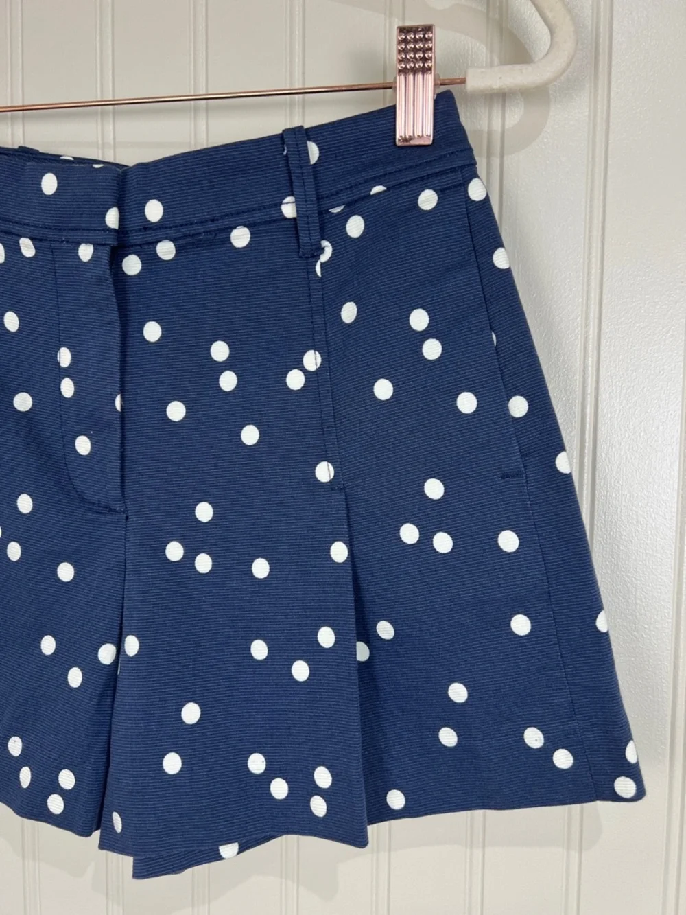New J Crew High Waisted Pleated Indigo Polka Dot Shorts Size 00